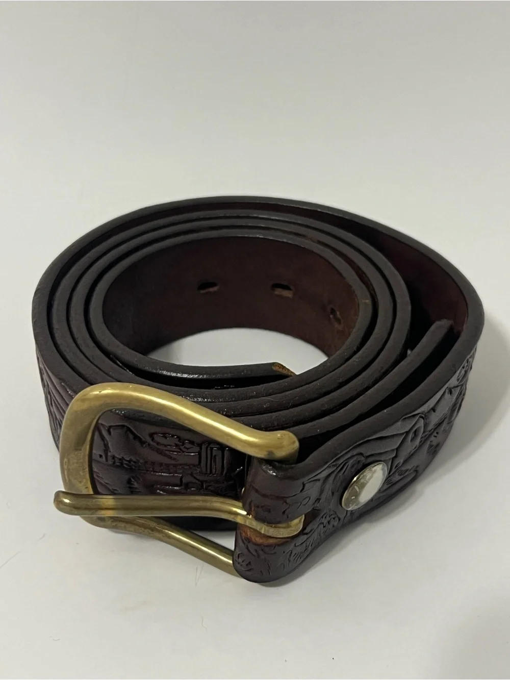 Vintage Leather Embossed Farm Cow Scene Western Rodeo Belt Brown Size 42